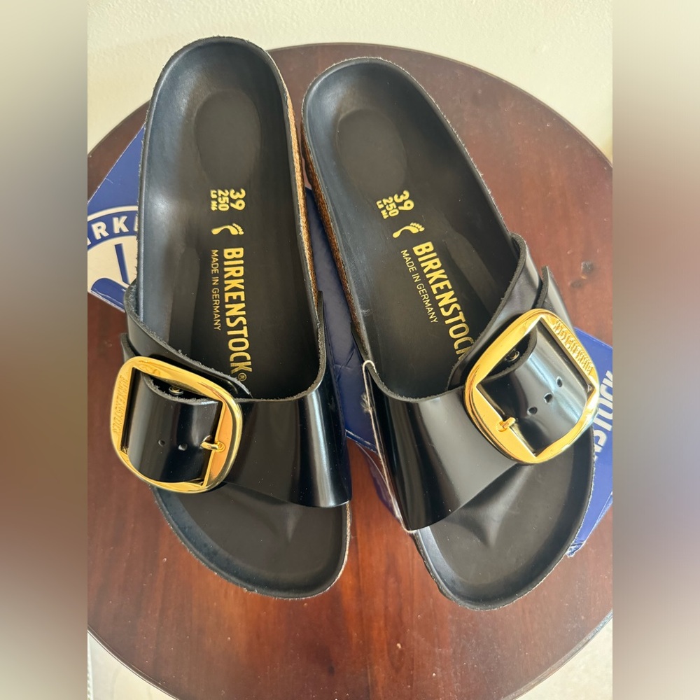 Birkenstock Black Patent Slide Sandals with Gold Buckles